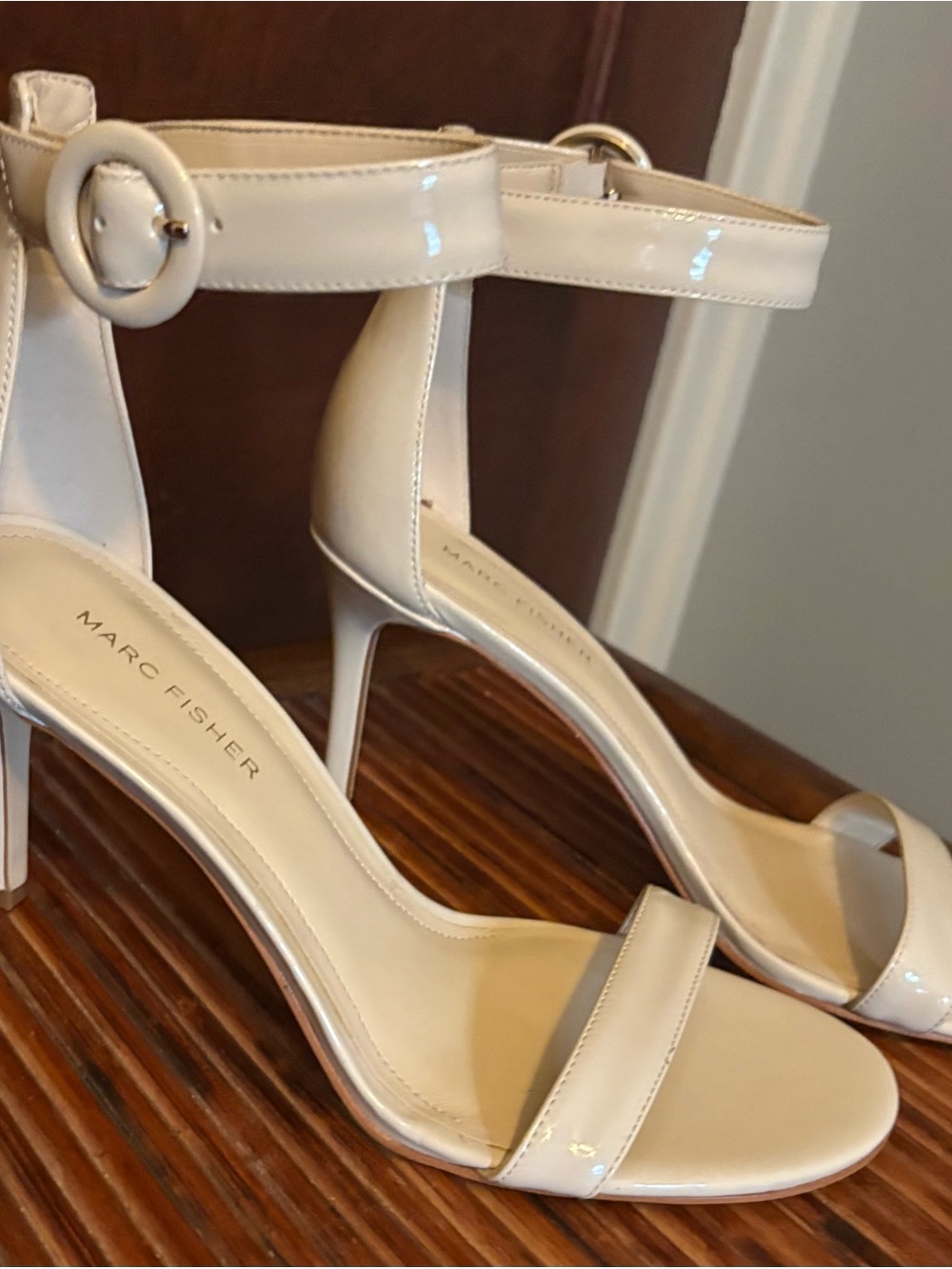 Marc Fisher Cream Patent Ankle-Strap Heels